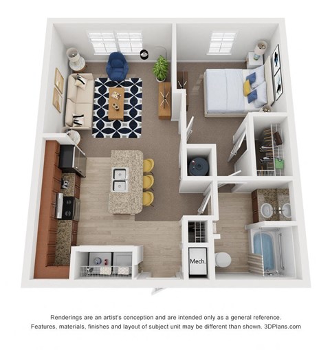 Floor plan for 1 bed, 1 bath, 668 sqft
